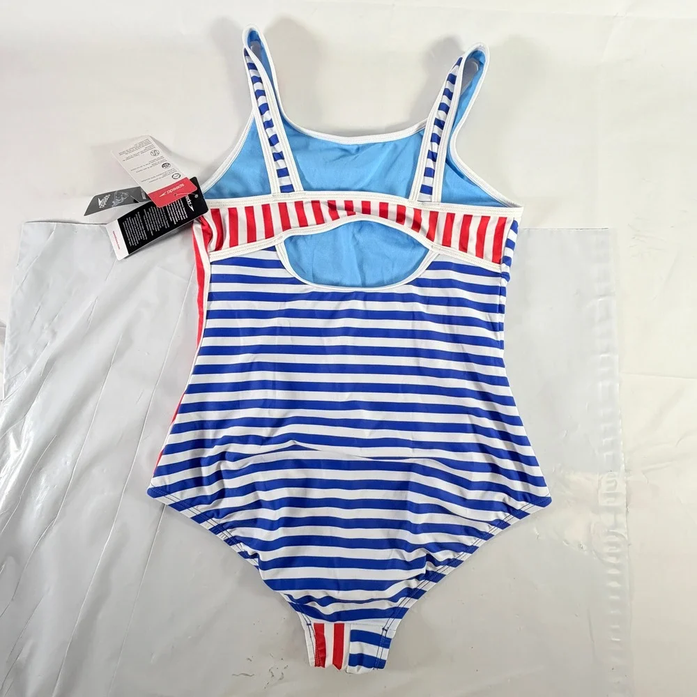 Speedo Girls One Piece Patriotic Stripe Blocked Swimsuit‎ True Cobalt Size 16